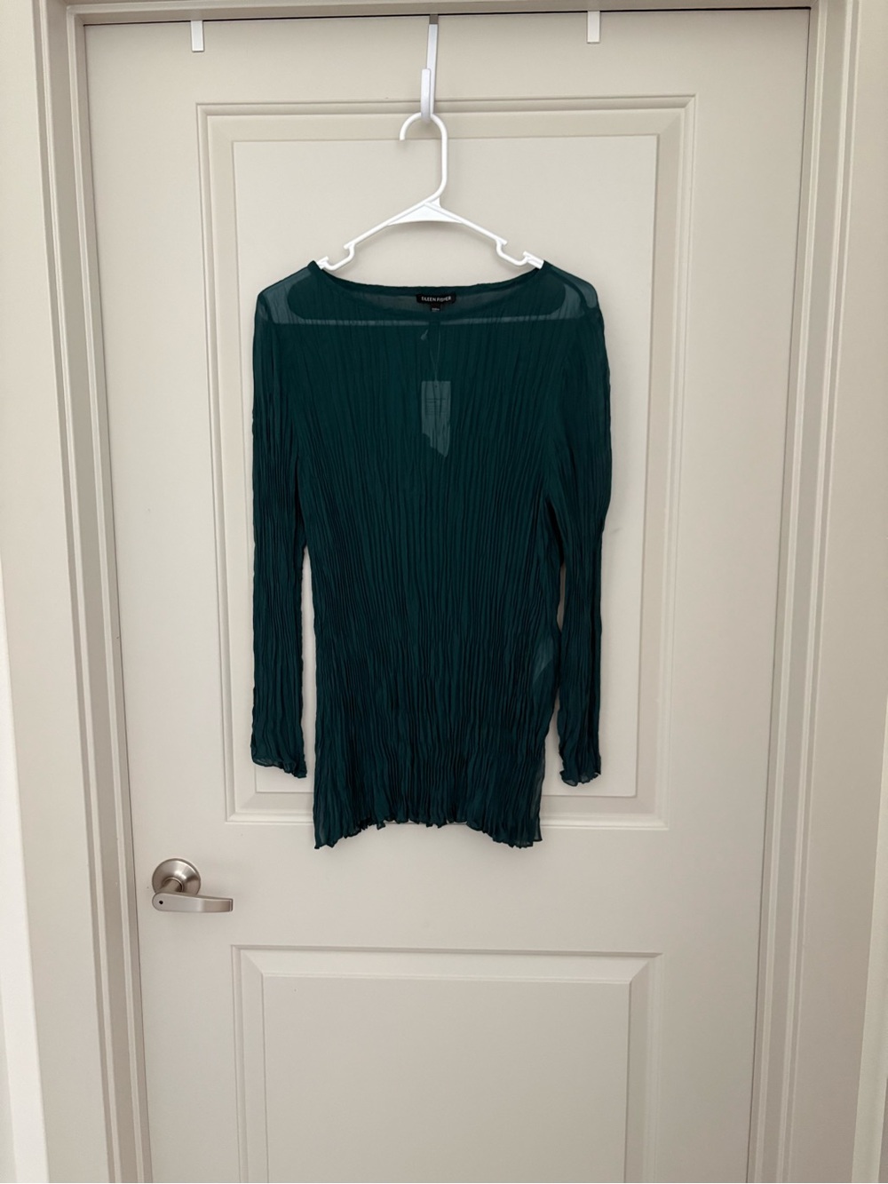 Eileen Fisher Deep Adriatic Crinkled Sheer 100% Silk Georgette Bateau Top NWT M